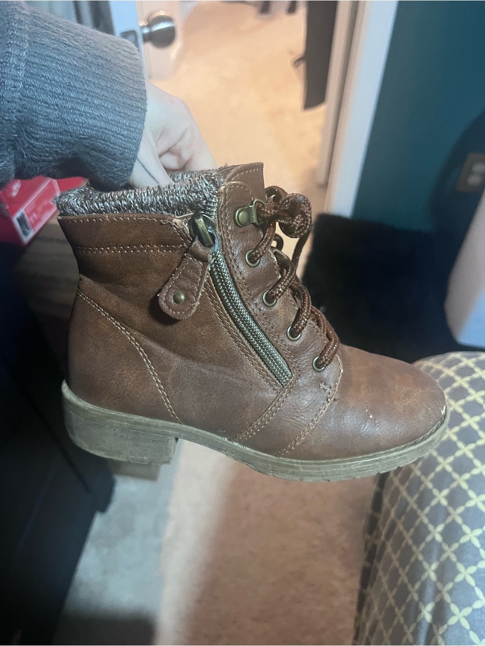 Brown Lace-Up Ankle Boots with Side Zip